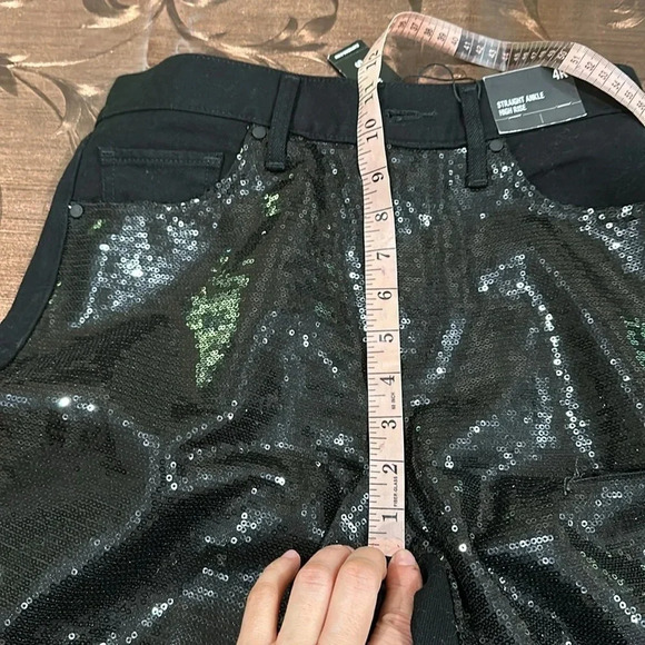 Express 
High Waisted Sequin Front Ripped Raw Hem Straight Ankle Jeans - Picture 6 of 9